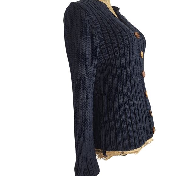Pure Handknit 100% Black Cotton Wide Ribbed Knit Wood Buttons Cardigan Size S/M - Picture 5 of 9
